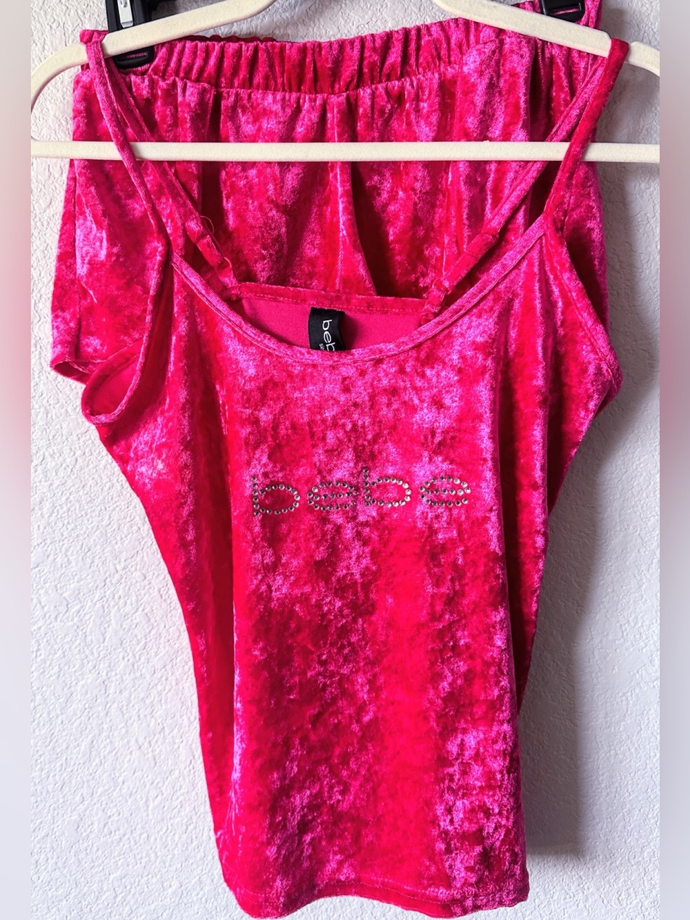 bebe Hot Pink Velvet Camisole + Shorts PJ set with Bedazzled Logo